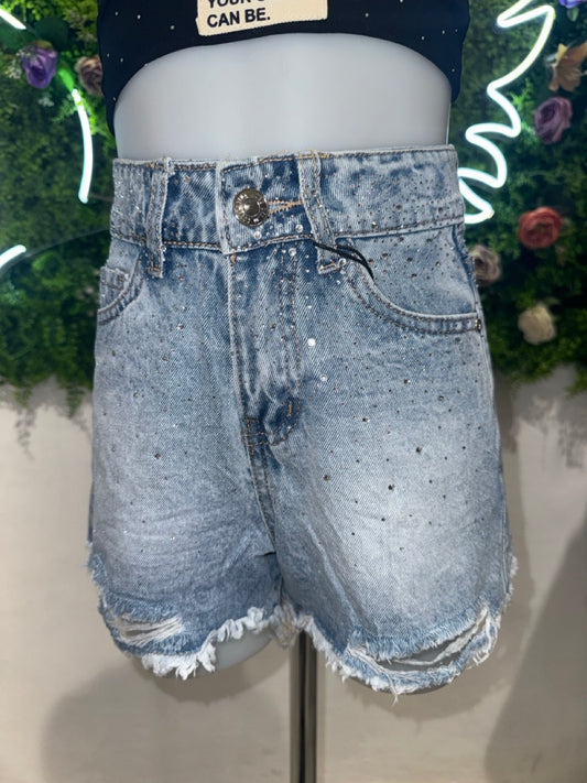 Short in denim con brillantini a cascata e strappi 4-14 anni
