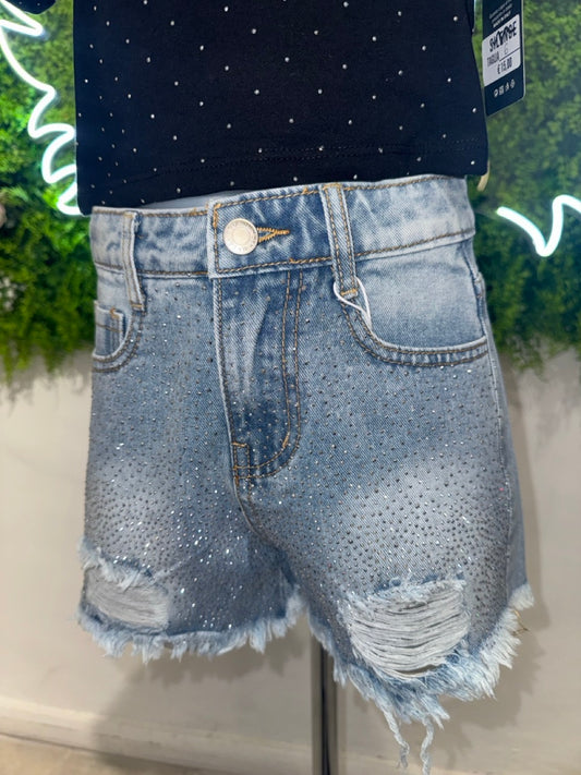 Short in denim con brillantini e strappi 4-14 anni