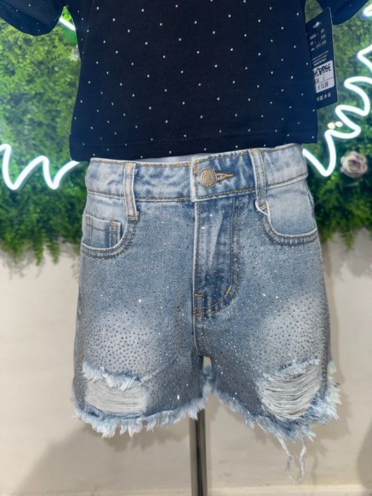 Short in denim con brillantini e strappi 4-14 anni