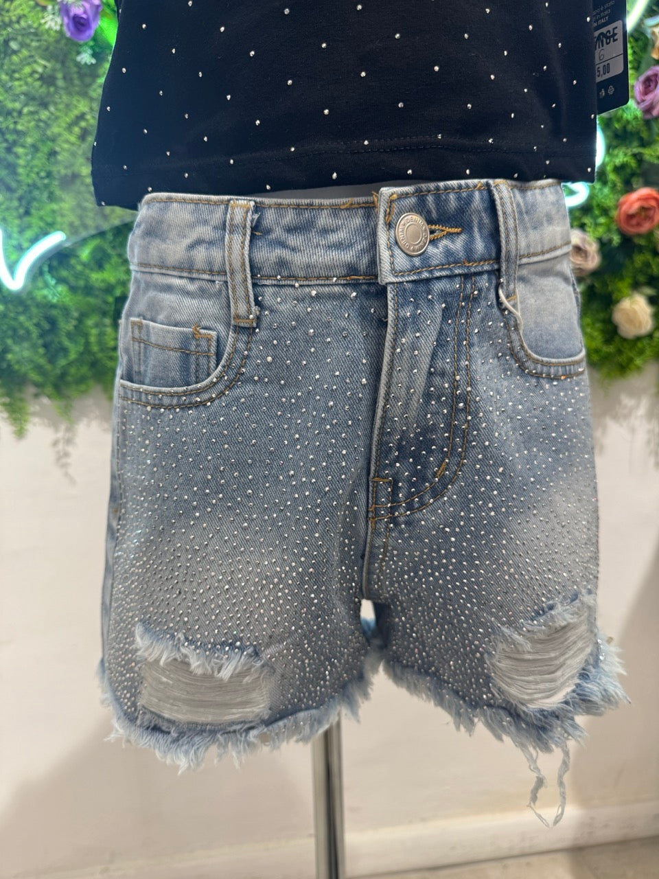 Short in denim con brillantini e strappi 4-14 anni