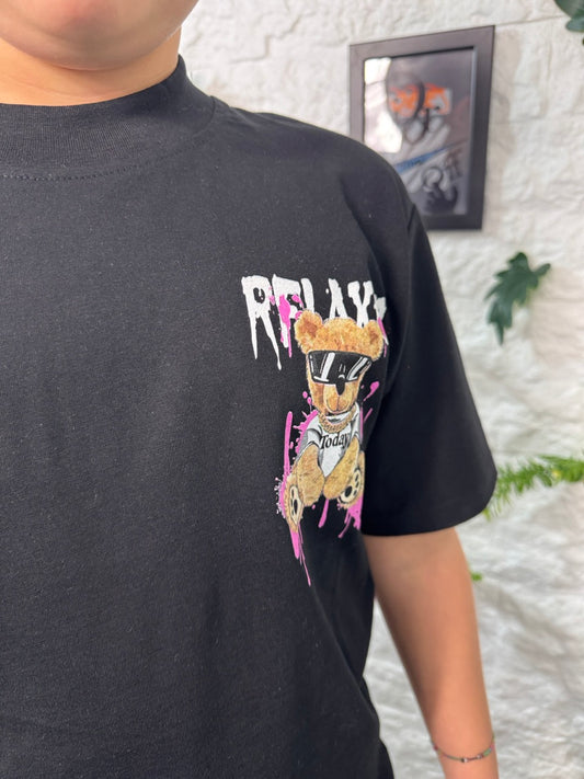 T-shirt nera con stampa orso e scritta "RELAX" fucsia 10-16 anni