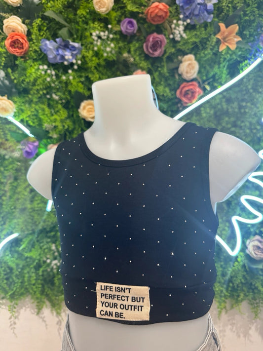 Top nero smanicato in cotone con brillantini 4-14 anni