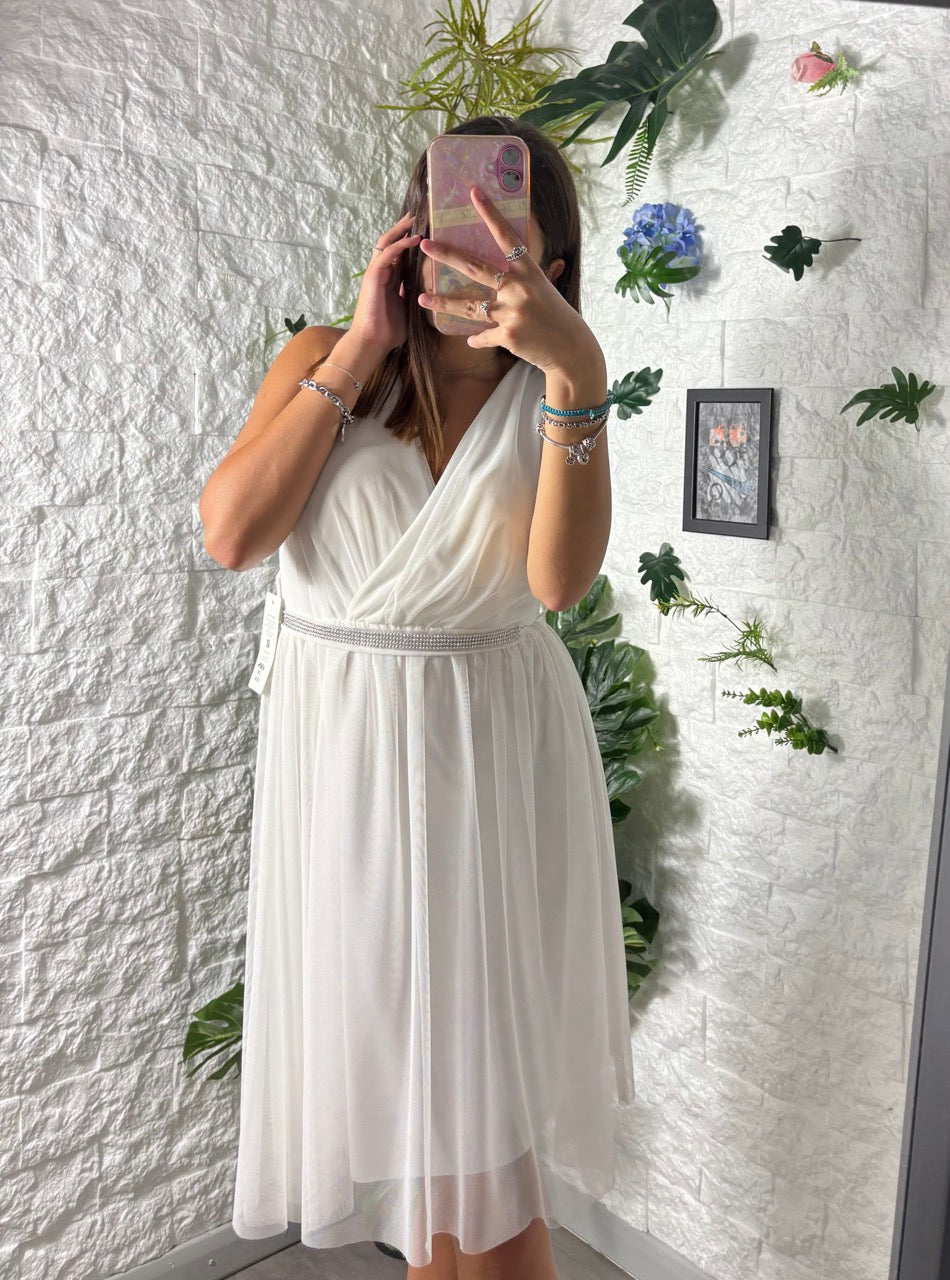 Vestito corto in tulle con cintura abbinata e sottogonna brillantinata