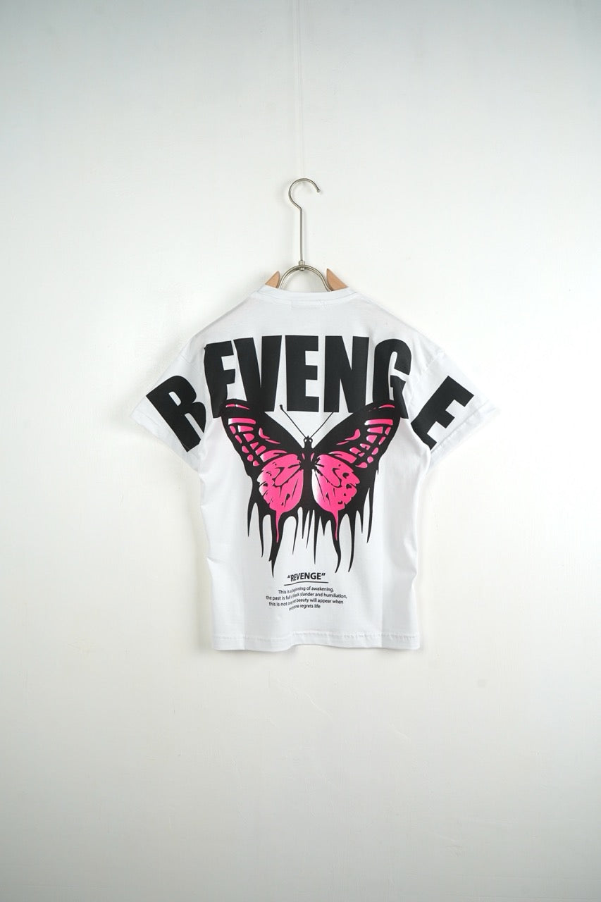T-shirt bianca con mezzo collo alto e stampa "REVENGE" con farfalla 10-16 anni