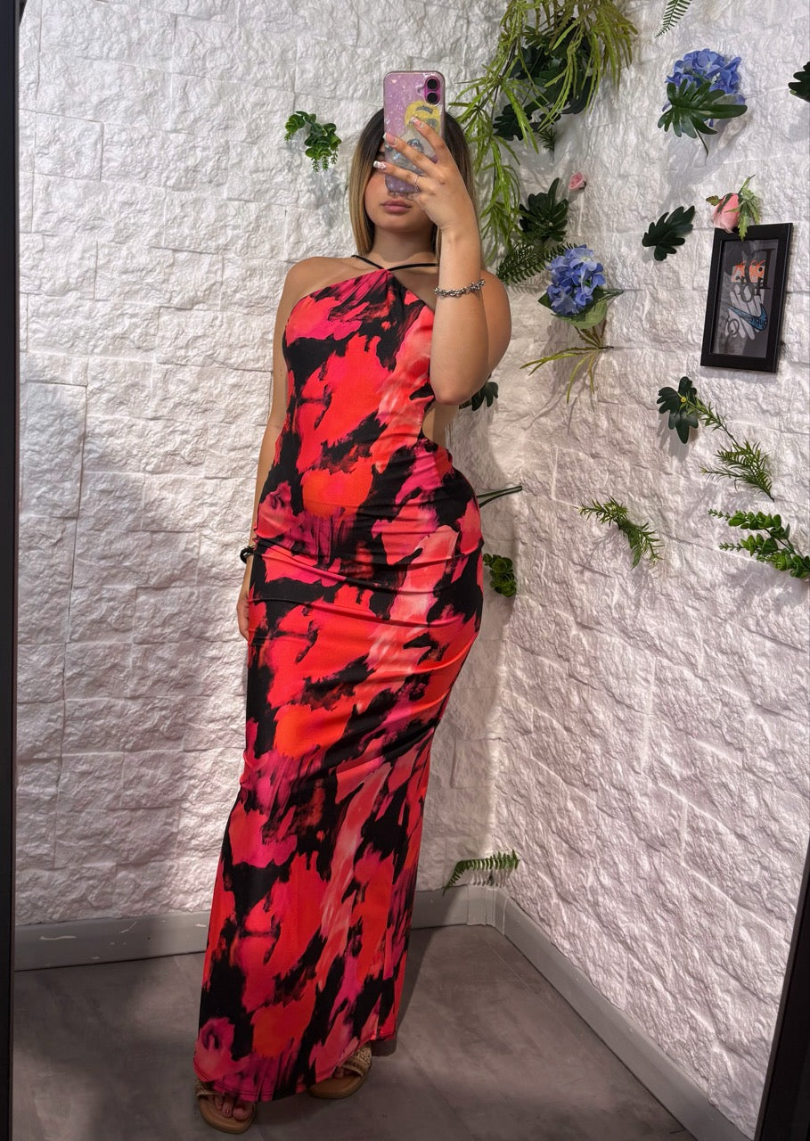 Vestito lungo in raso a fantasia con spacco e schiena scoperta