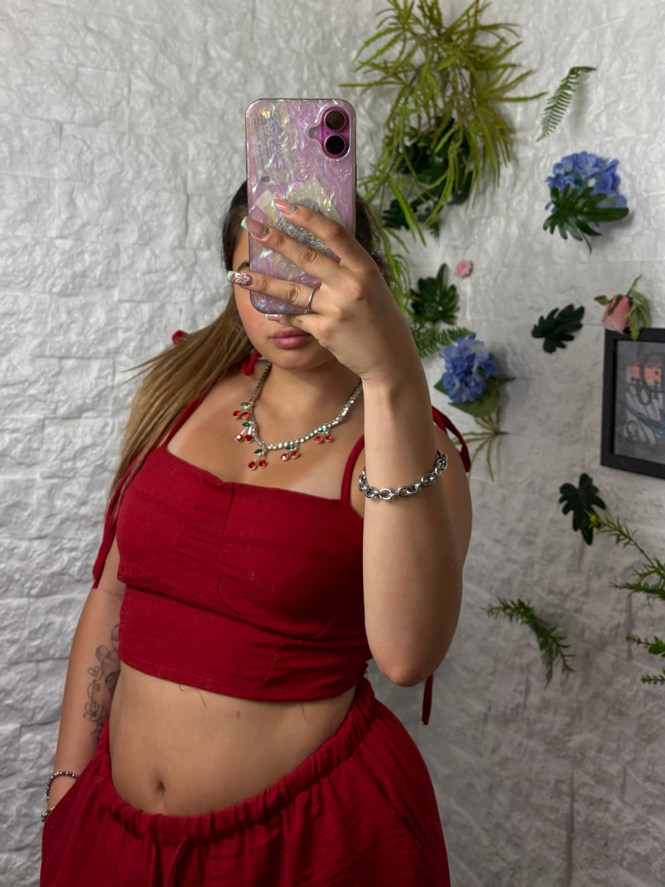 Completo in simil lino con top corsetto regolabile e pantalone a palazzo