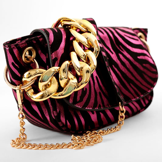 Borsa zebrata laminata con catena dorata