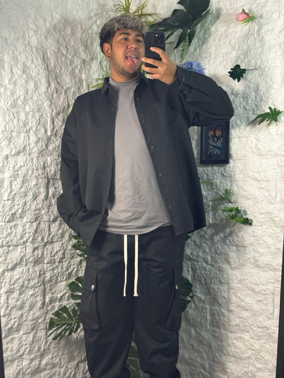 Completo nero in cotone con camicia e pantalone cargo - OVERSIZE