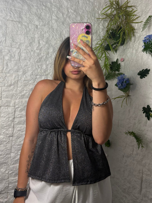 Top in lurex con scollo profondo e schiena scoperta