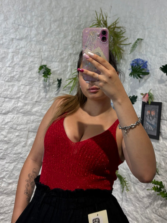 Canotta in tinta unita a costine in lurex con scollo a V