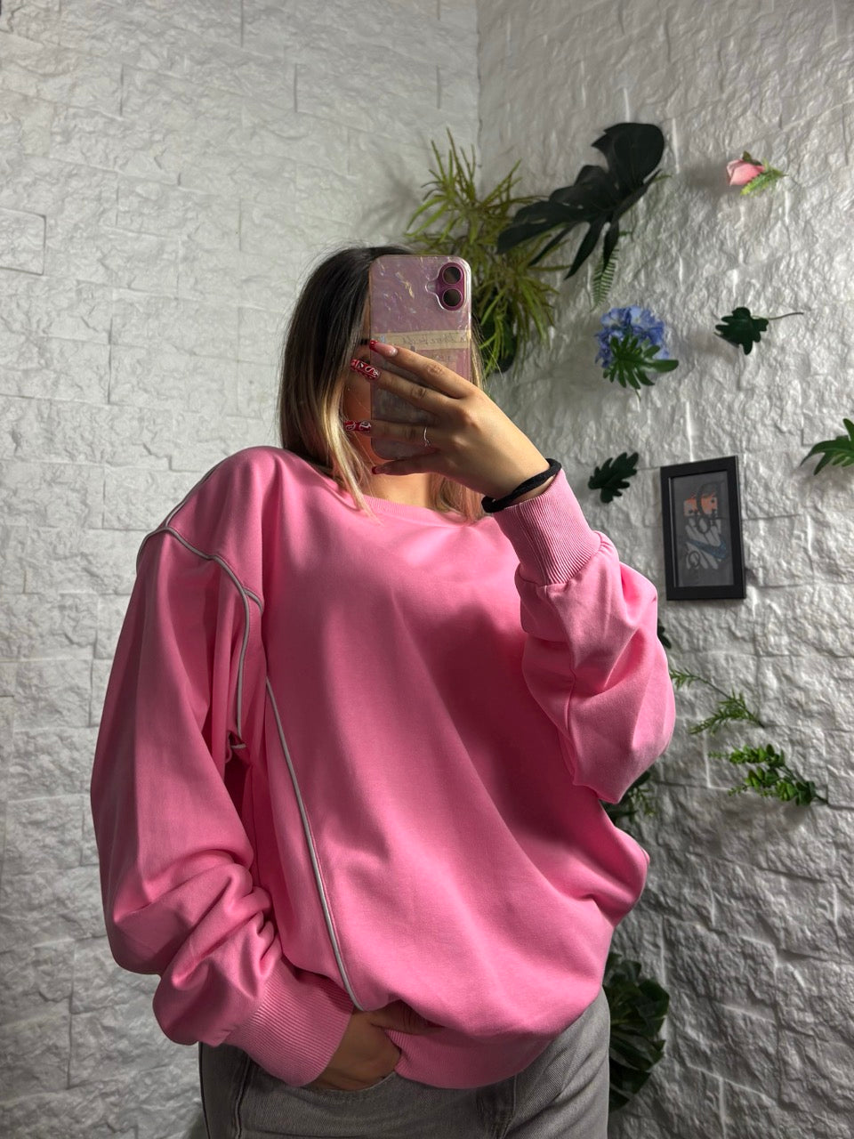 Felpa rosa con cuciture argento - OVERSIZE