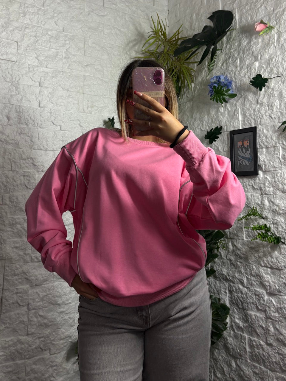 Felpa rosa con cuciture argento - OVERSIZE