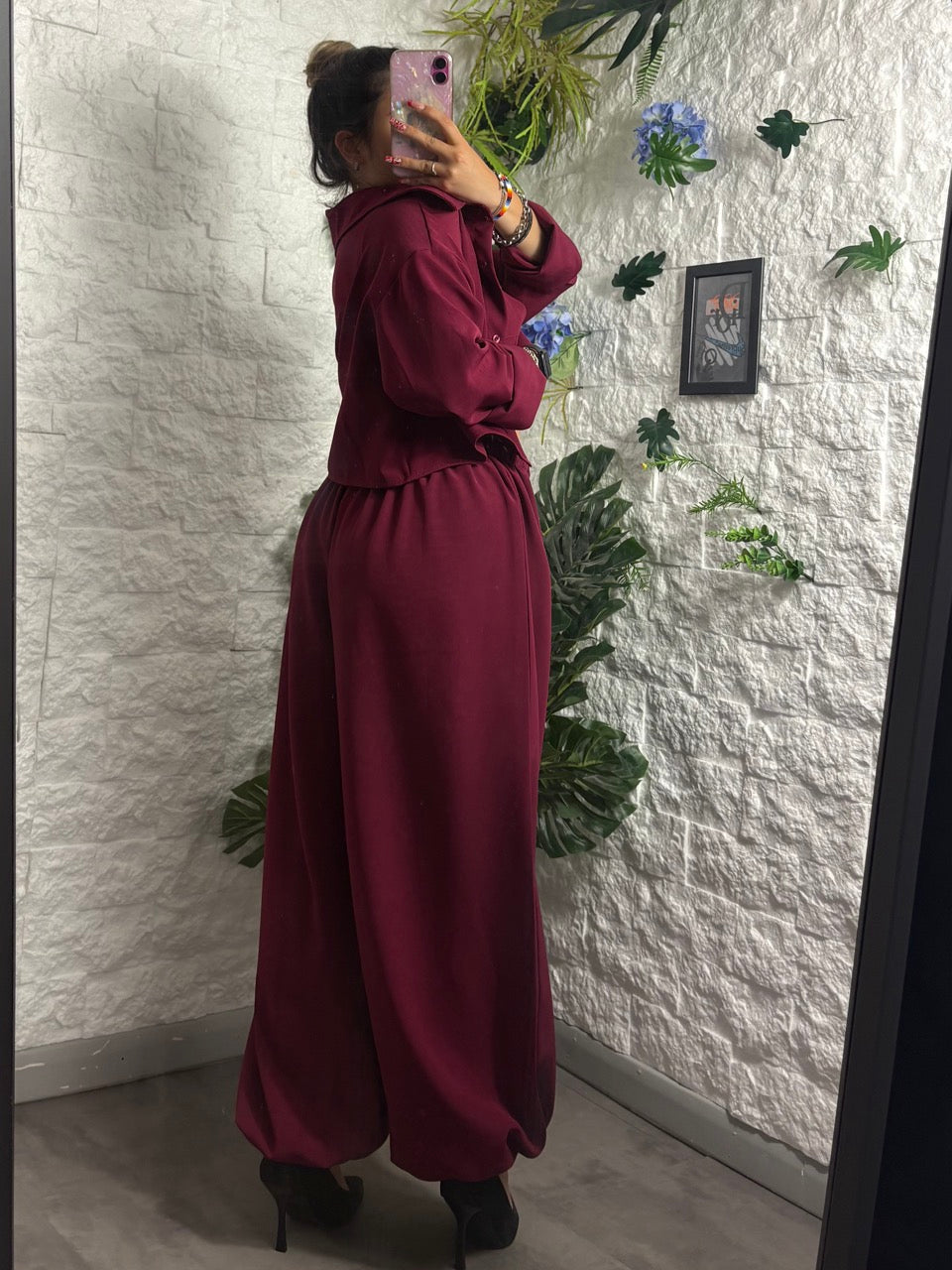 Set 3 pezzi con top camicetta cropped e pantaloni balloon