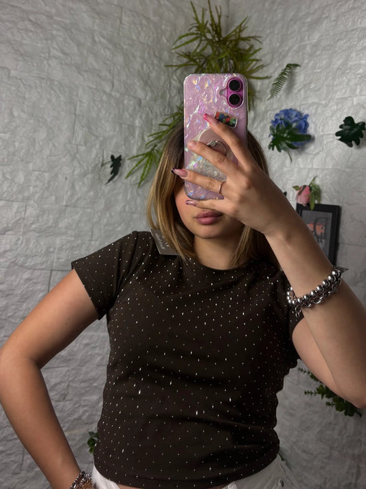 T-shirt brillantinata in tinta unita