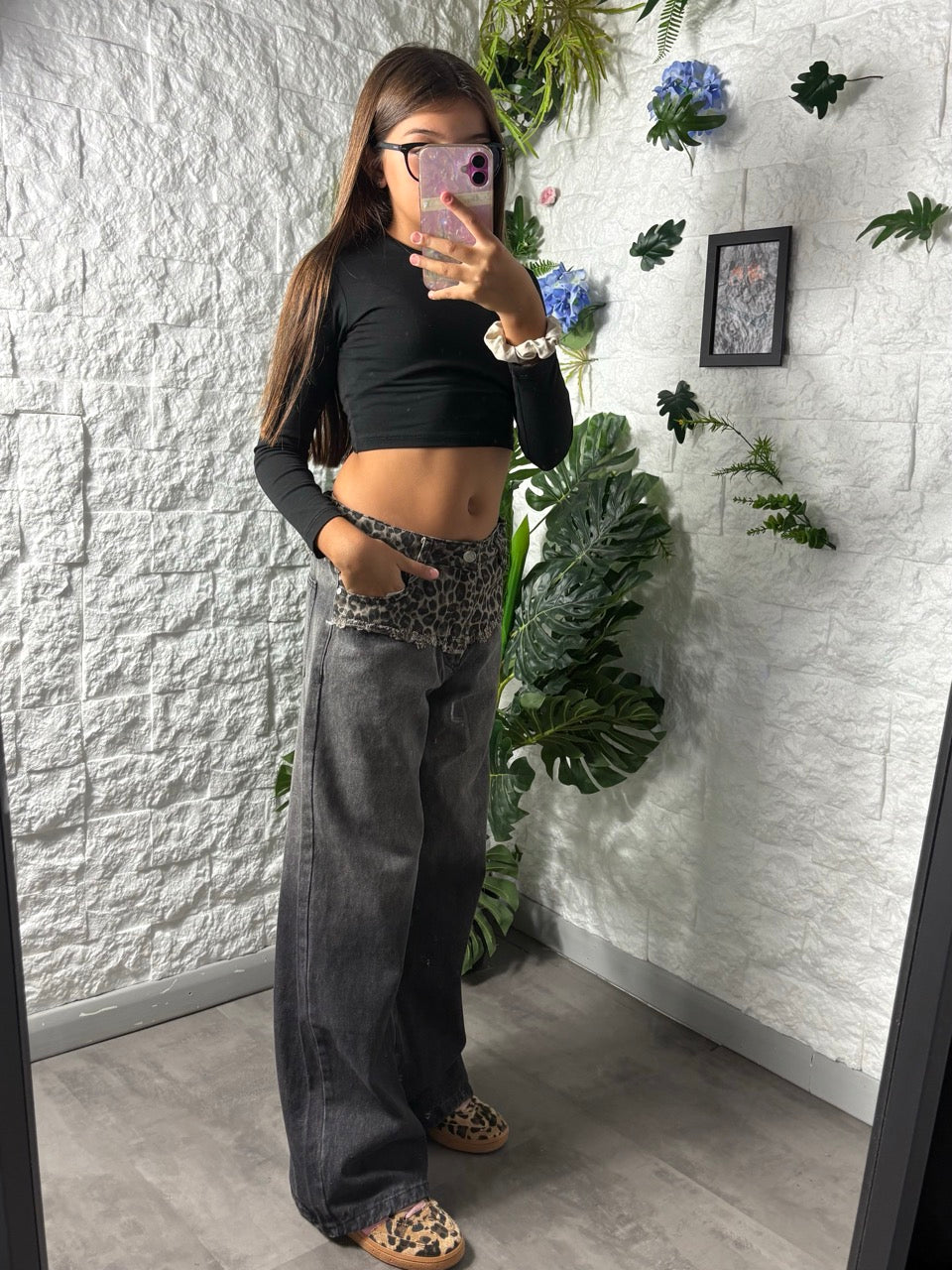 Jeans grigi a palazzo in denim con vita animalier 10-16 anni