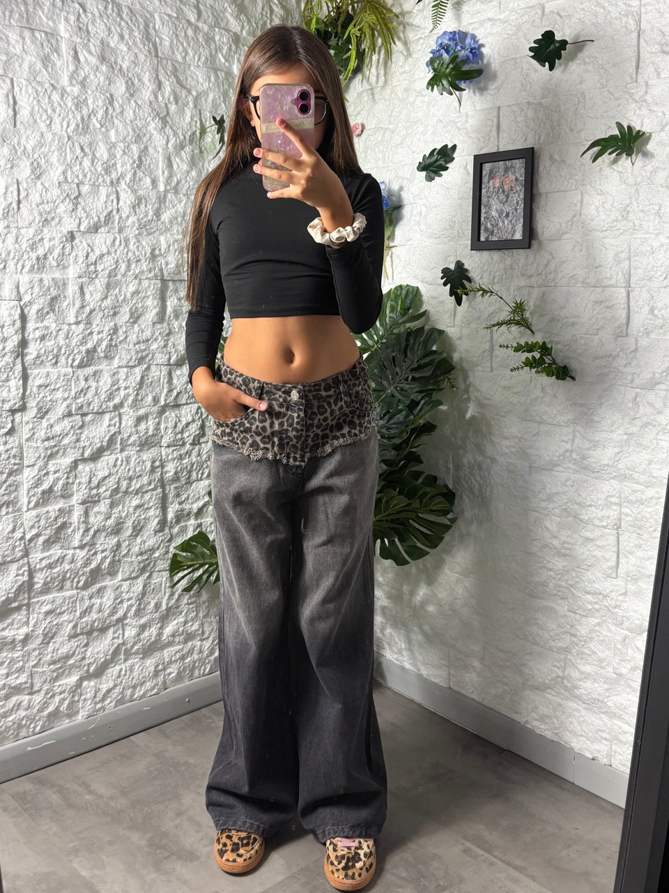 Jeans grigi a palazzo in denim con vita animalier 10-16 anni