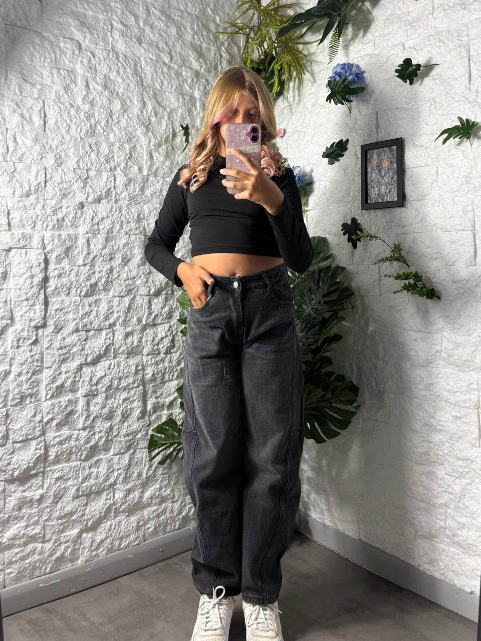 Jeans grigi balloon fit in denim con cuciture sul davanti 10-16 anni