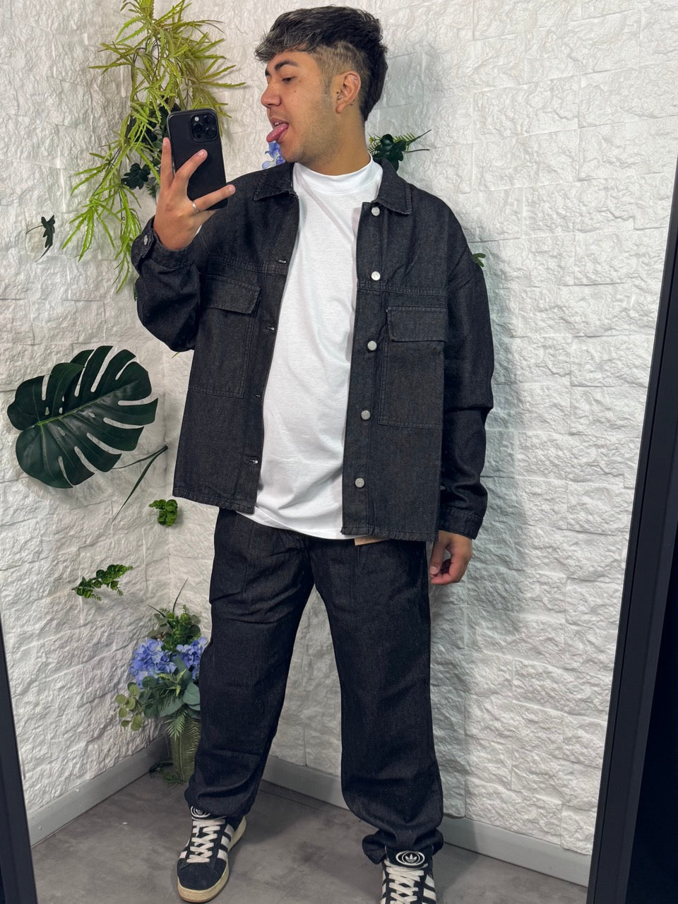 Completo in denim grigio scuro con giacca e jeans baggy - OVERSIZE