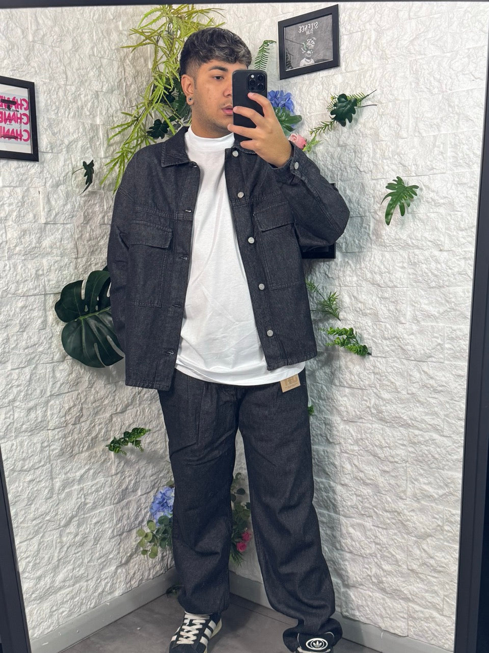 Completo in denim grigio scuro con giacca e jeans baggy - OVERSIZE