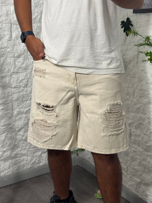 Jeans bermuda beige regular fit con strappi