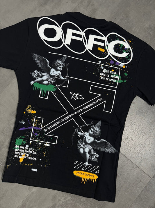 T-shirt nera con mezzo collo alto scritta "OFFC" e stampa angelo 10-16 anni