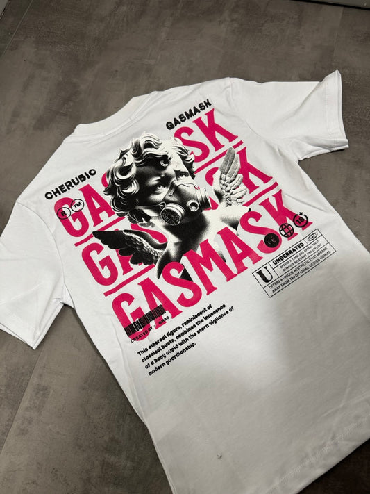 T-shirt bianca con mezzo collo alto e scritta "GASMASK" stampa angelo 10-16 anni