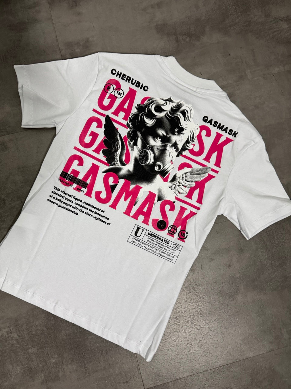 T-shirt bianca con mezzo collo alto e scritta "GASMASK" stampa angelo 10-16 anni