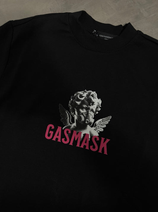 T-shirt nera in tinta unita con scritta "GASMASK" e stampa angelo 10-16 anni