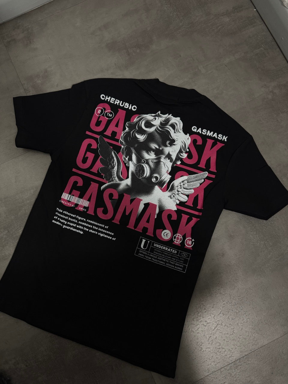 T-shirt nera in tinta unita con scritta "GASMASK" e stampa angelo 10-16 anni