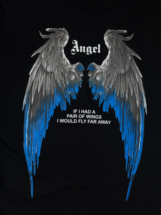 T-shirt nera con stampa di ali blu e scritta "ANGEL" - OVERSIZE 10-16 anni