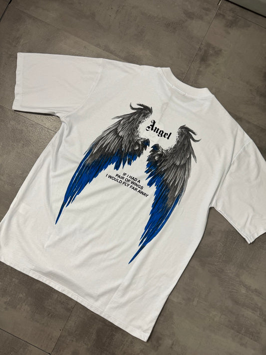 T-shirt bianca con stampa di ali blu e scritta "ANGEL" - OVERSIZE 10-16 anni