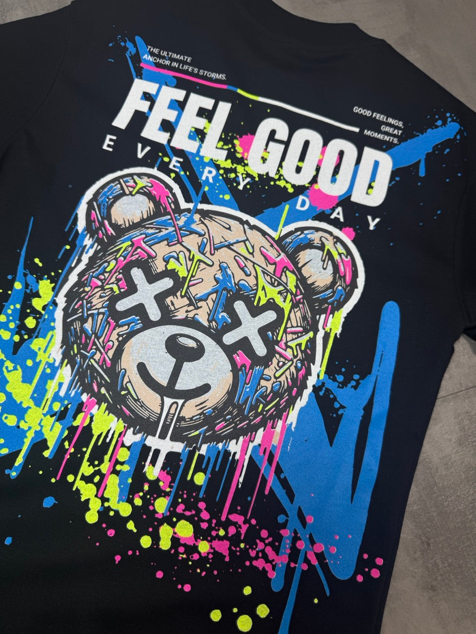 T-shirt nera con stampa orso e scritta "FEEL GOOD" - OVERSIZE 10-16 anni