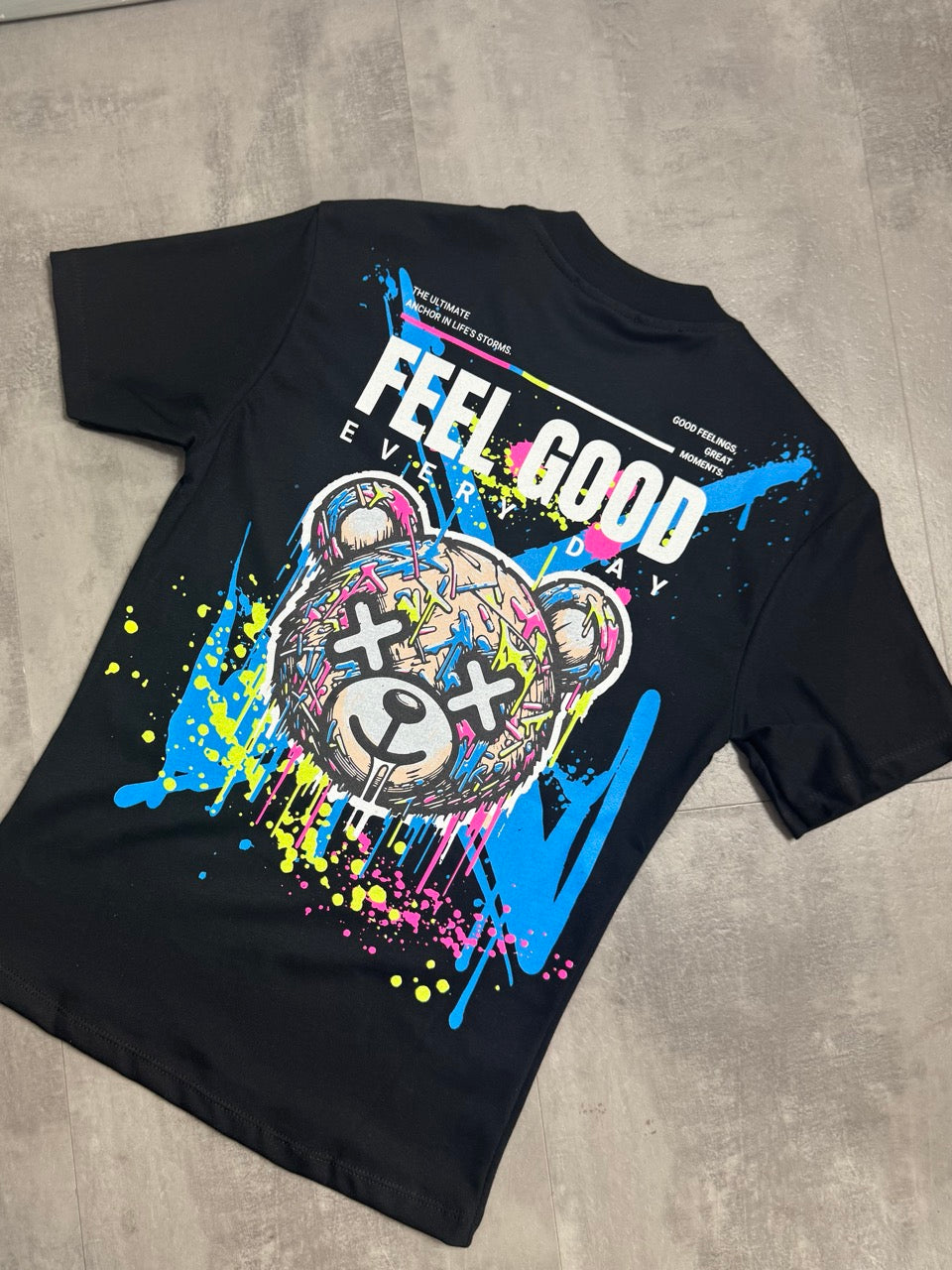 T-shirt nera con stampa orso e scritta "FEEL GOOD" - OVERSIZE 10-16 anni