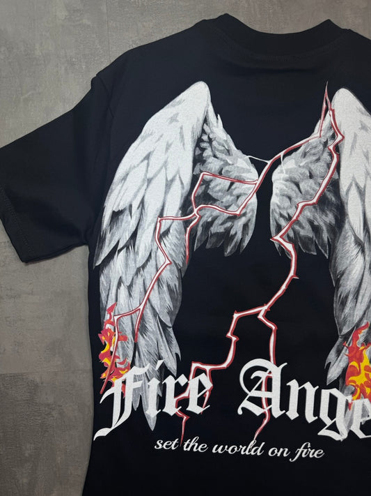 T-shirt nera con stampa ali e scritta "FIRE ANGEL" - OVERSIZE 10-16 anni