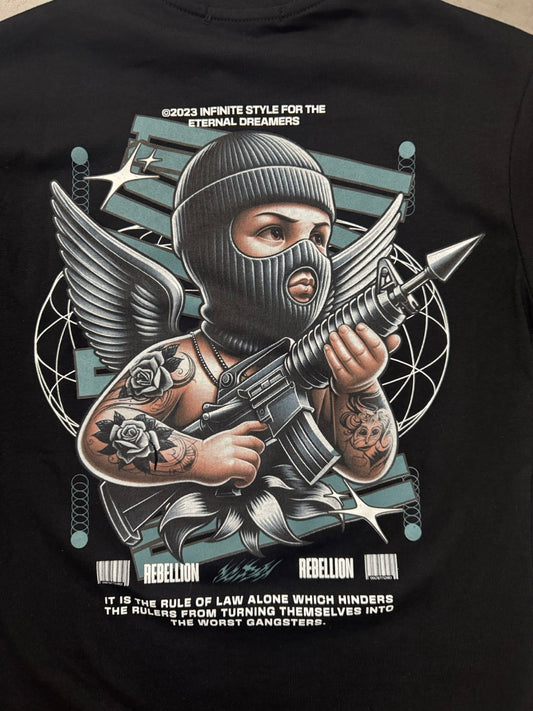 T-shirt nera con stampa "REBELLION" e grafica urban - OVERSIZE 10-16 anni