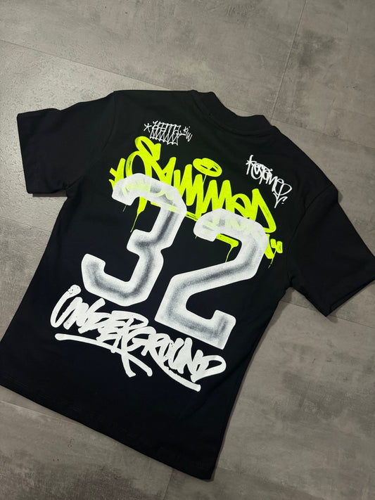 T-shirt nera con stampa "32 UNDERGROUND" gialla e bianca 10-16 anni - OVERSIZE