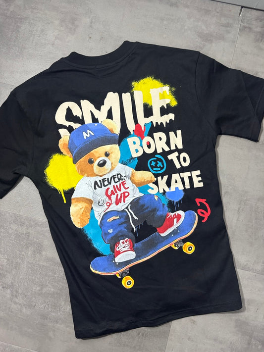 T-shirt nera con stampa orso su skateboard multicolor - OVERSIZE 10-16 anni