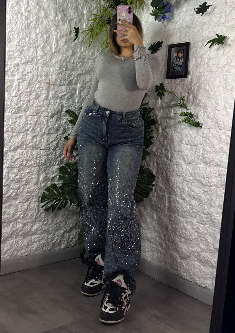 Jeans balloon blu scuro in denim con strass brillantinati