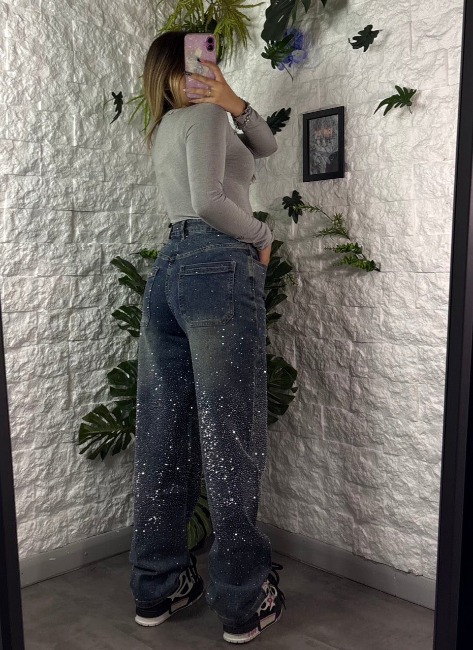 Jeans balloon blu scuro in denim con strass brillantinati