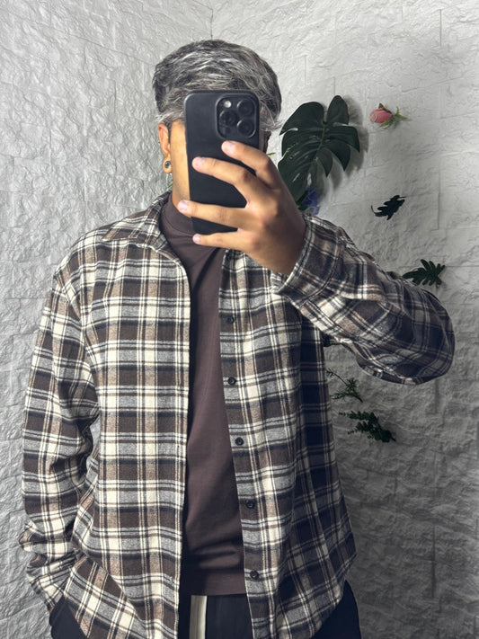 Camicia a quadri marrone e panna in tessuto felpato