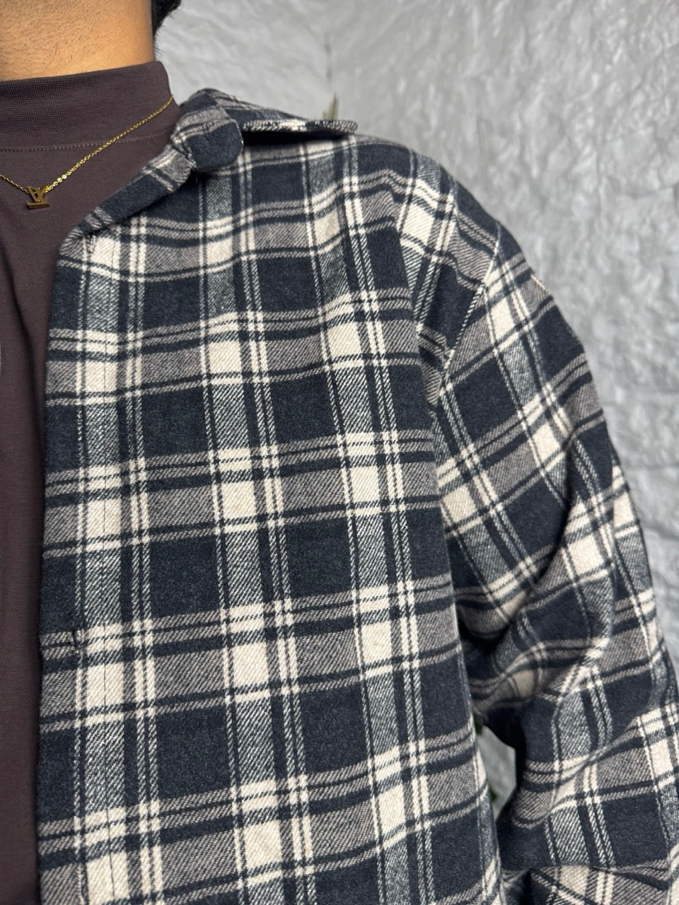 Camicia a quadri beige e grigio in tessuto felpato