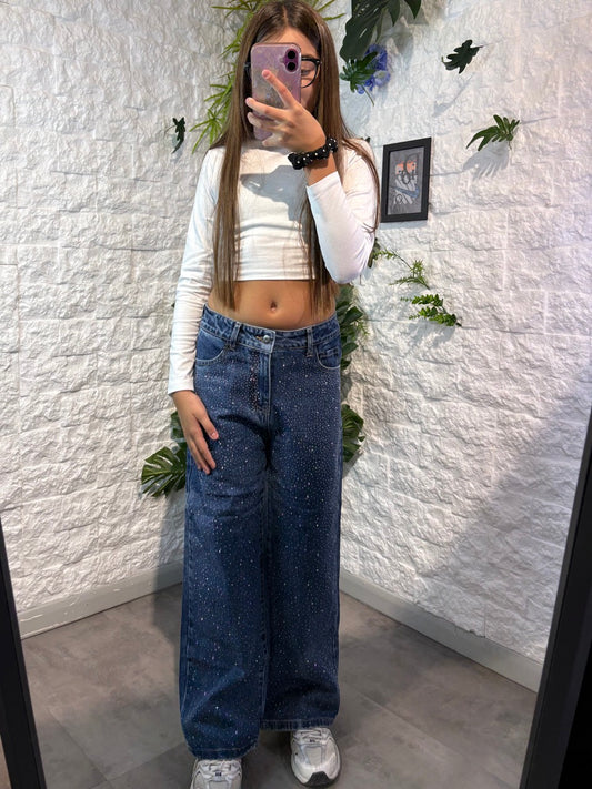Jeans a palazzo blu in denim con brillantini fronte e retro 8-16 anni