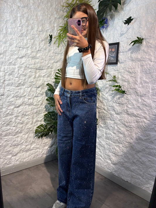 Jeans a palazzo blu in denim con brillantini fronte e retro 8-16 anni