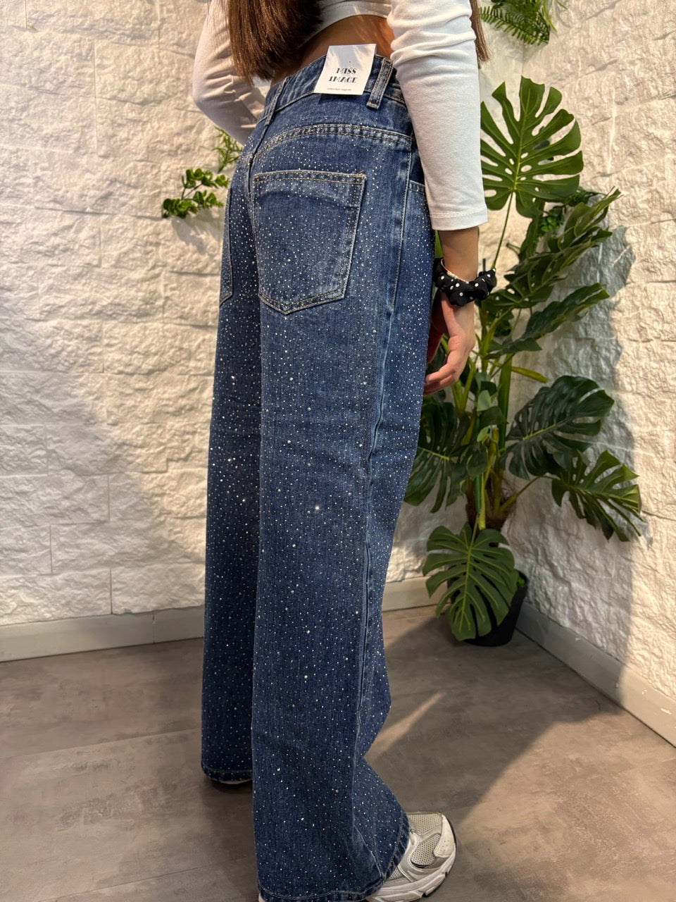 Jeans a palazzo blu in denim con brillantini fronte e retro 8-16 anni