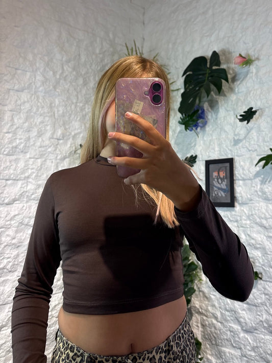 T-shirt marrone in tinta unita a manica lunga 4-14 anni