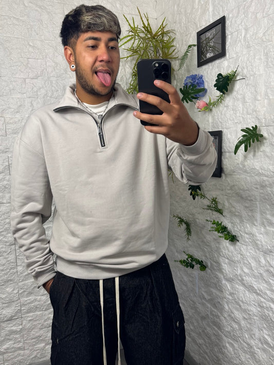 Felpa grigio ghiaccio con half zip - GARZATO