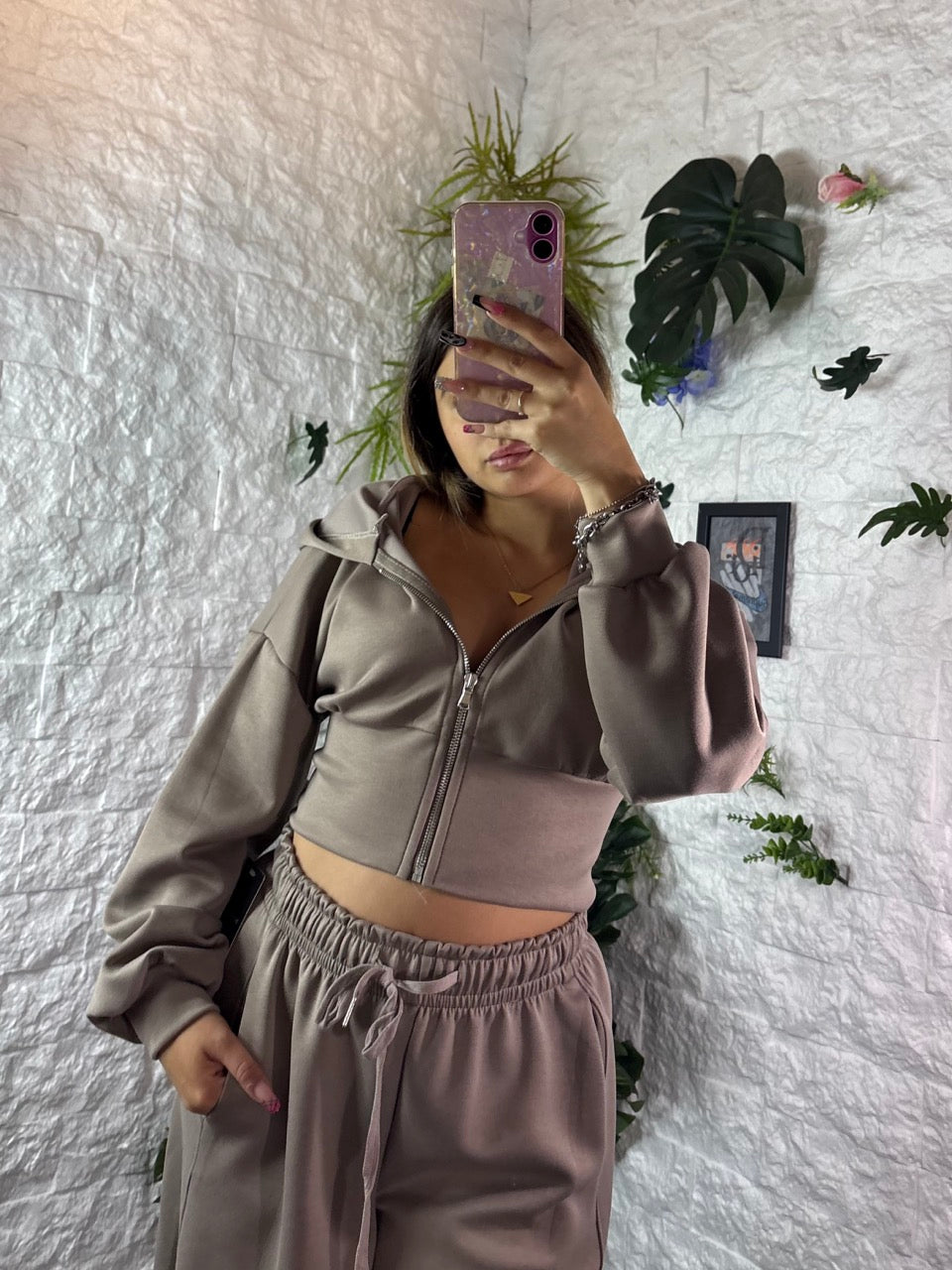 Felpa crop con zip e cappuccio in tinta unita - GARZATA