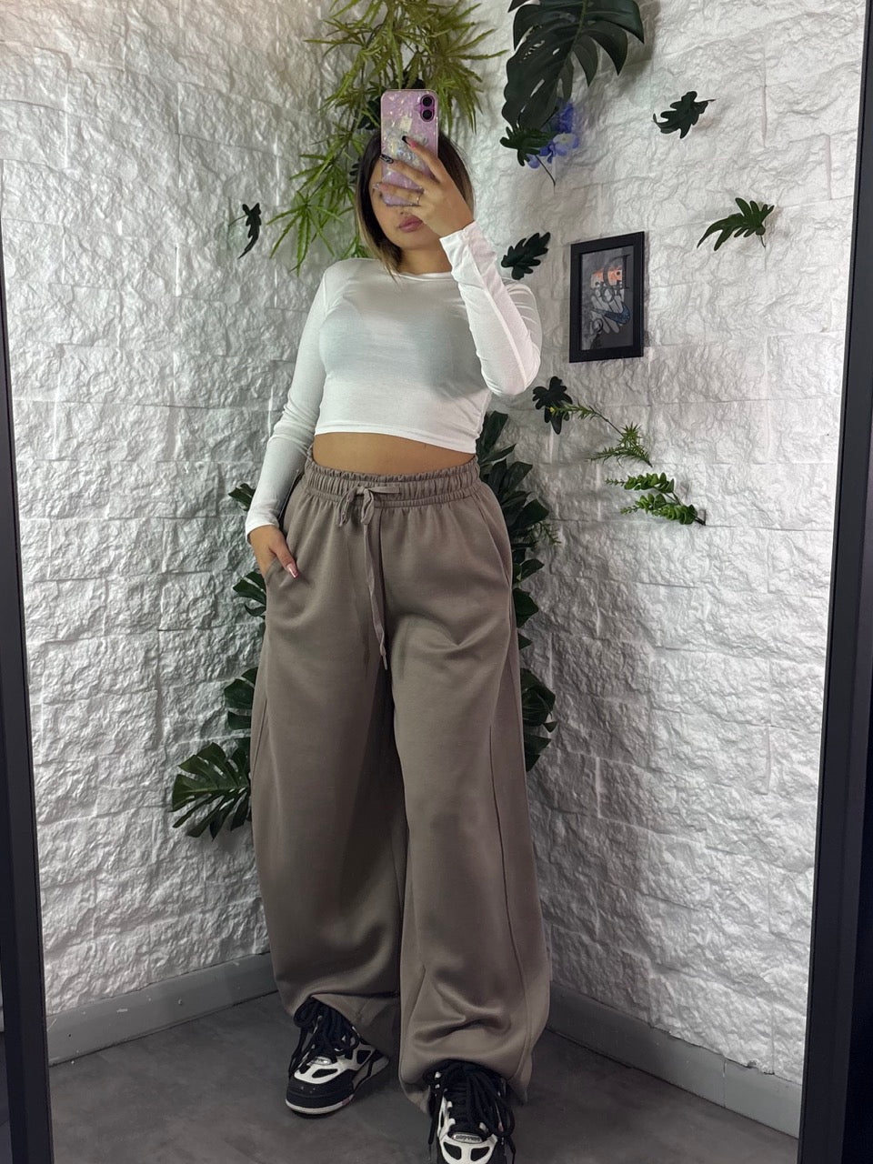 Pantalone in felpa balloon con tasche e vita con lacci - OVERSIZE