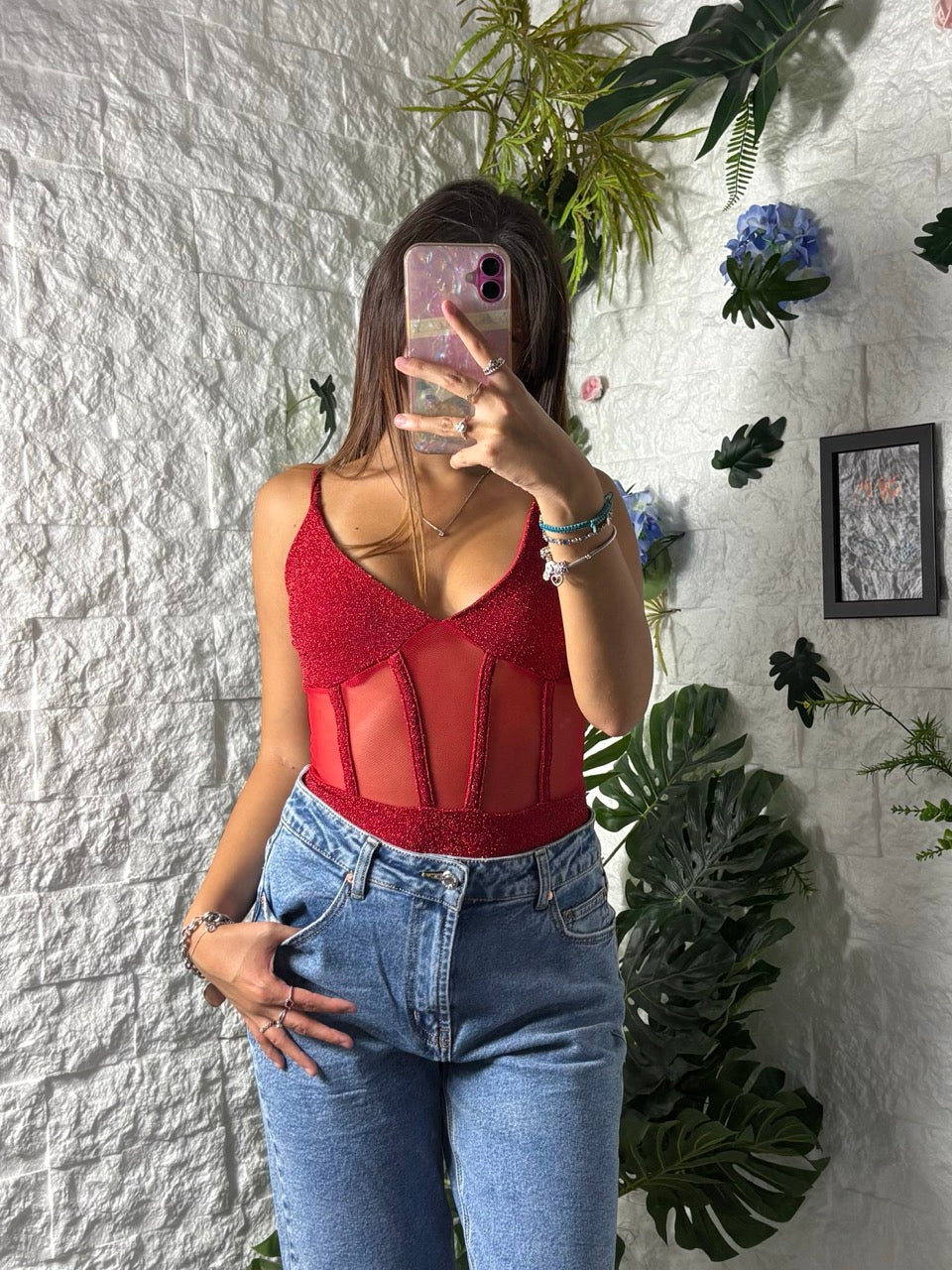 Body glitterato con dettagli in tulle trasparente