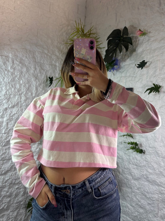 Polo crop a maniche lunghe in cotone con righe su fondo panna